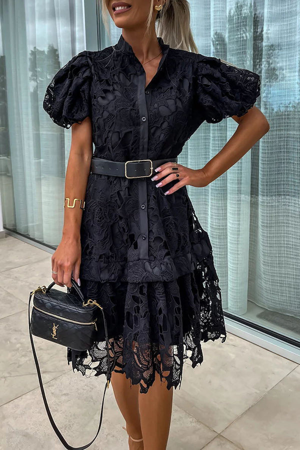 Absolutely Elegant Floral Crochet Lace Puff Sleeve Belted Shirt Midi Dress