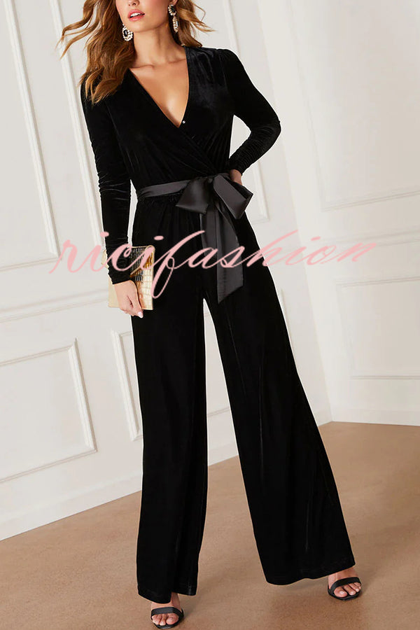 Love One Another Velvet Bow Belted Pocket Cutout Back Loose Jumpsuit