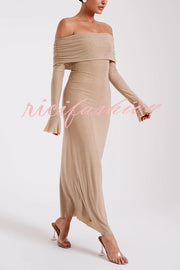 Sexy Shiny Off-The-Shoulder Long-Sleeved Fitted Maxi Dress