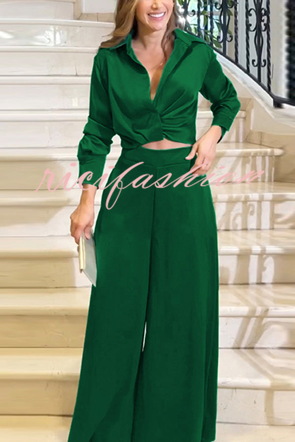 Satin Solid Color Lapel Long Sleeve Blouse and Loose-fitting Pocket Wide Leg Pants Set