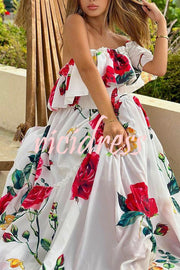 Glamorous Rose Print Patchwork Pleated High Waisted Maxi Dress