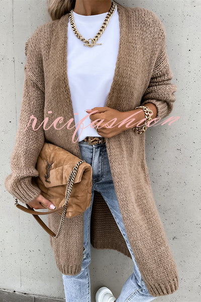 Solid Color V-neck Knitted Long-sleeved Oversized Midi Cardigan