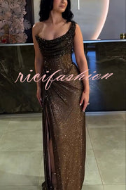 Glitzy Gala Glitter Fabric One Shoulder Ruched Slit Maxi Dress