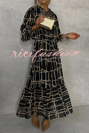 Unique Printed V-neck Tie-up Waist Long-sleeve Maxi Dress