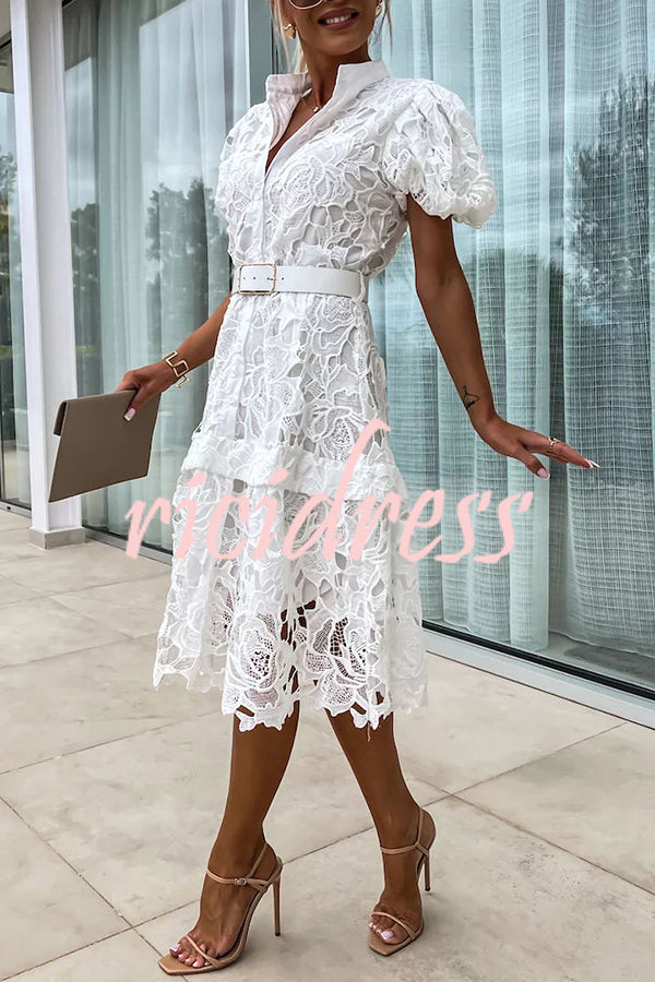 Absolutely Elegant Floral Crochet Lace Puff Sleeve Belted Shirt Midi Dress