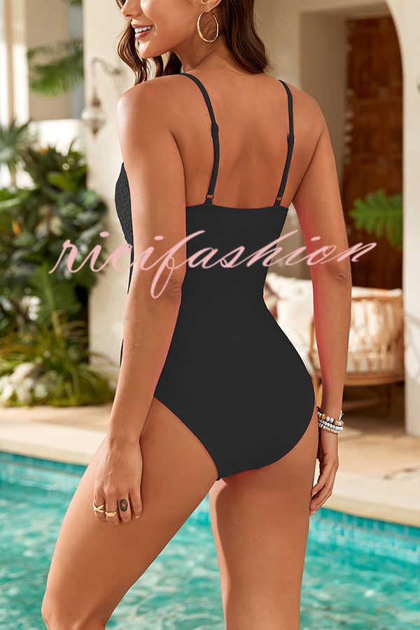 Fashionable Splicing Spaghetti Strap Metal Buckle One-piece Swimsuit