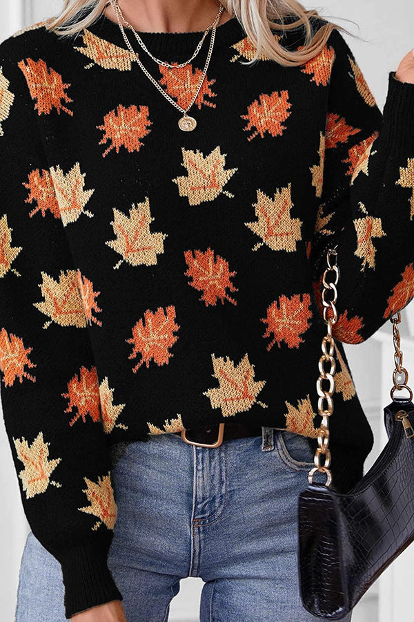 Maple Leaf Pattern Casual Loose Knitted Sweater