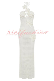 Call It Chic Knit Floral Crochet Halter Fishtail Hem Maxi Dress