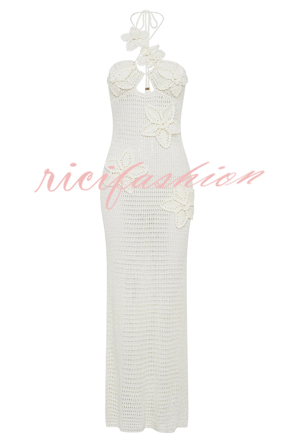 Call It Chic Knit Floral Crochet Halter Fishtail Hem Maxi Dress