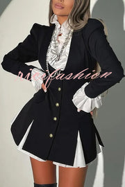 Altair Contrast Ruffled Shirt Patchwork Button Pleated Blazer Mini Dress