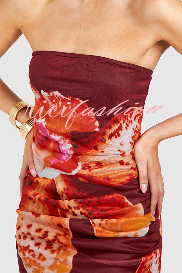 Oh So Sunny Mesh Floral Print Bandeau Stretch Maxi Dress