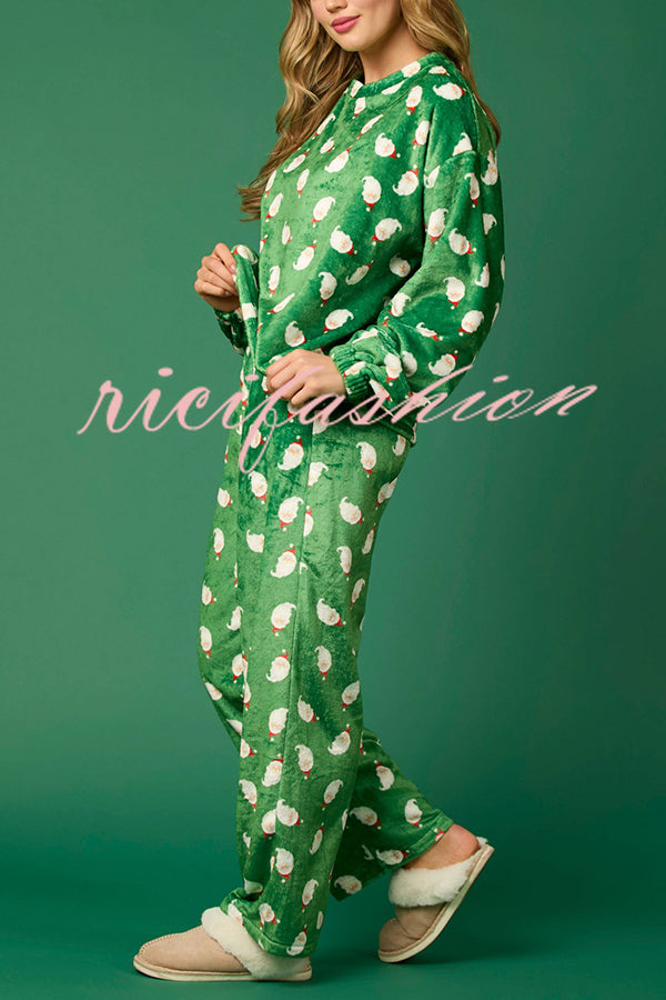 Christmas Printed Crew Neck Long Sleeve Top and Elastic Waist Loose Pants Set