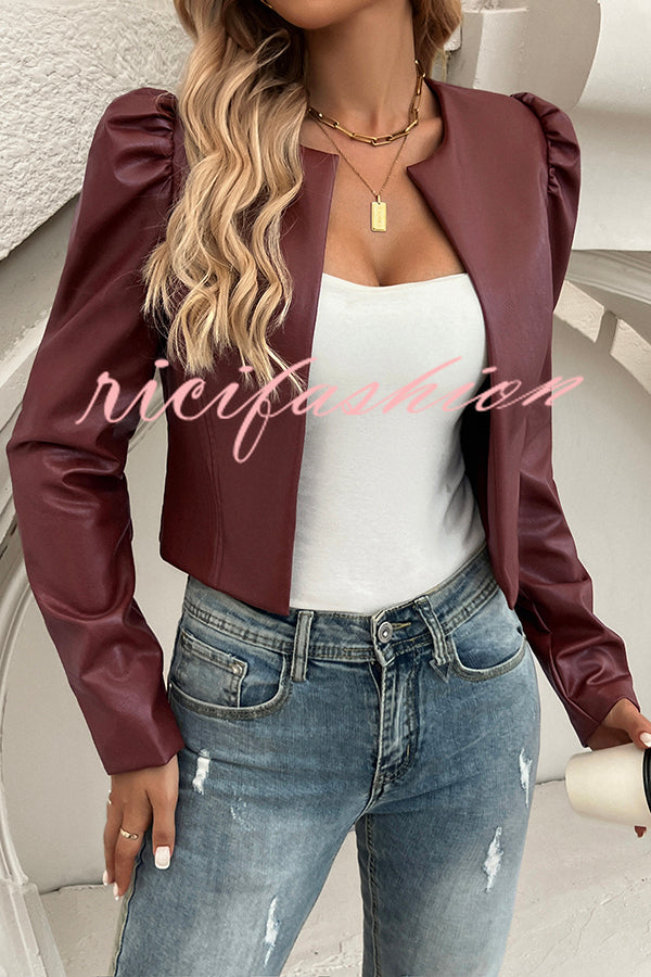 Yelissa Faux Leather Statement Long Sleeve Open Front Crop Jacket