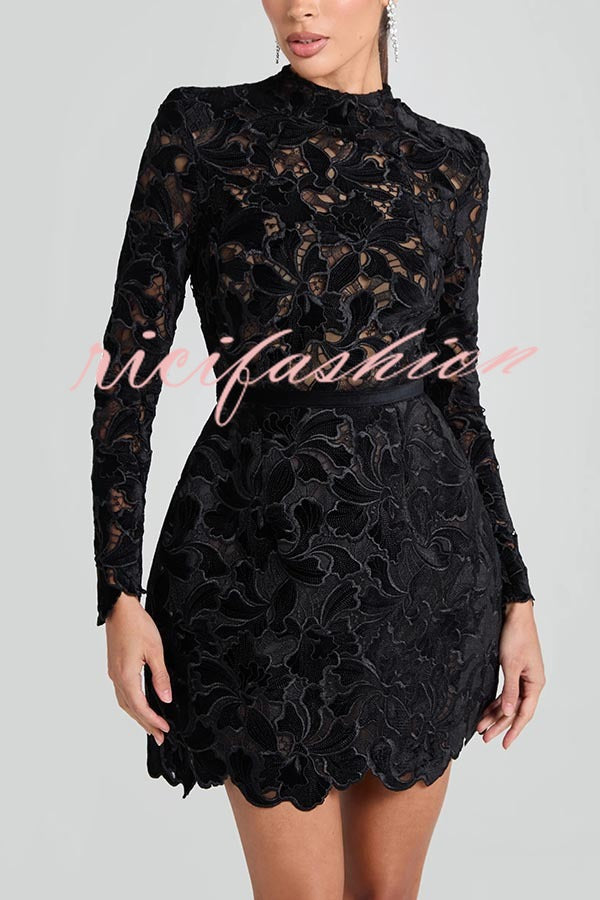 Lydia Embroidered Floral Lace Long Sleeve Belt Tulip Shaped Mini Dress