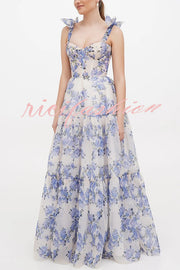 Fairytale Itself Organza Floral Print Tie Strap Maxi Dress