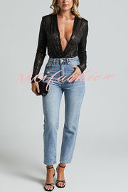 Alora Sequin Wrap Front Plunge Neck Long Sleeve Bodysuit