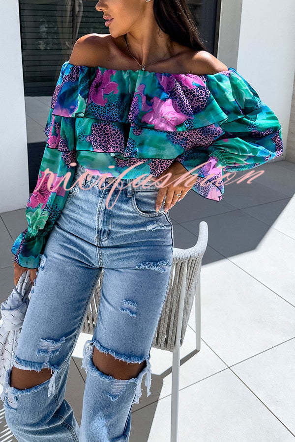 Colorful Botanical Print Sexy Off-shoulder Ruffle Top