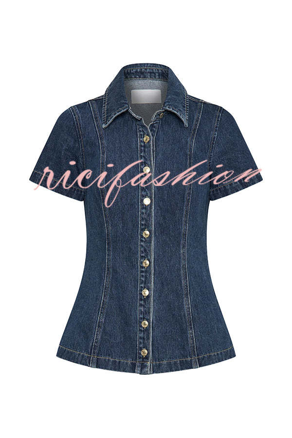 Modern Flavor Denim Short Sleeve Button Up Princess Seams Stretch Top