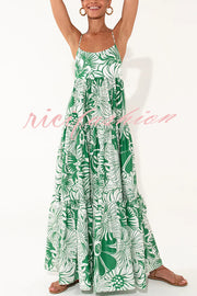 Botanical Floral Print Sexy Sling Backless Maxi Dress