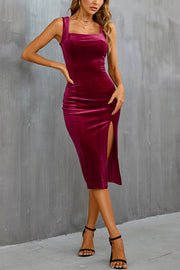 Solid Color Velvet Square Neck Slim Fit Slit Midi Dress