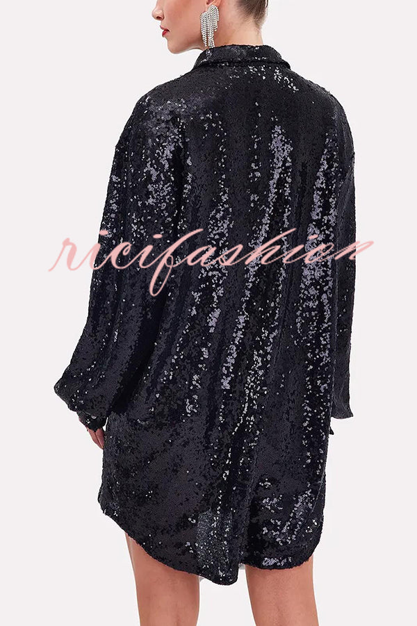 Solid Color Sequined Long-sleeved Casual Mid-length Loose Shirt