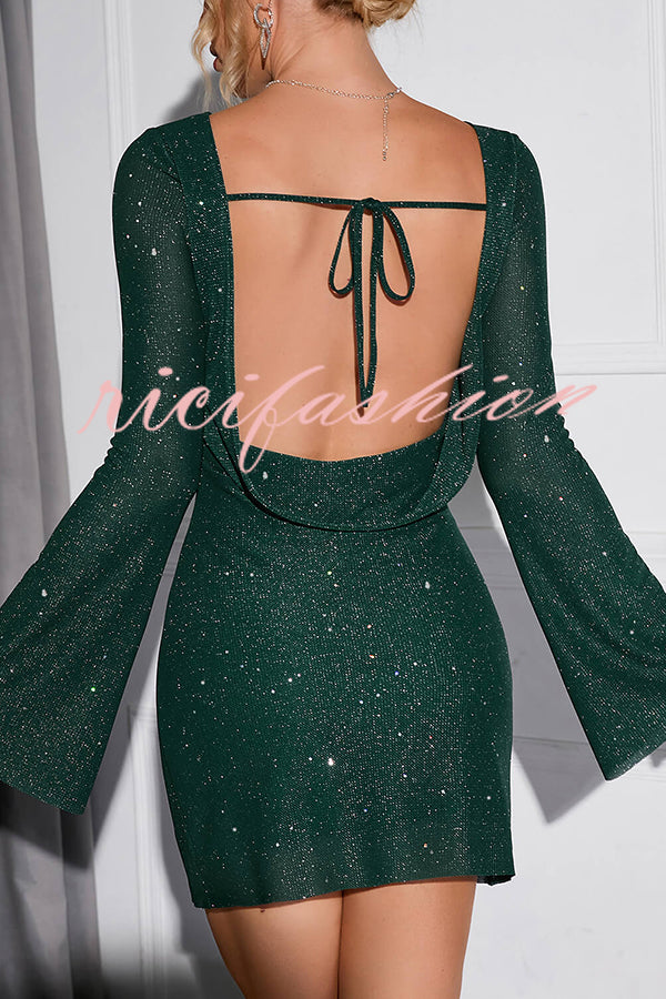 Solid Sequined Open Back Lace Up Mini Dress