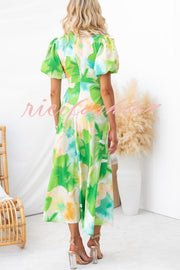 Sophia Floral Print Satin Puff Sleeve Twist Bust Cutout Midi Dress