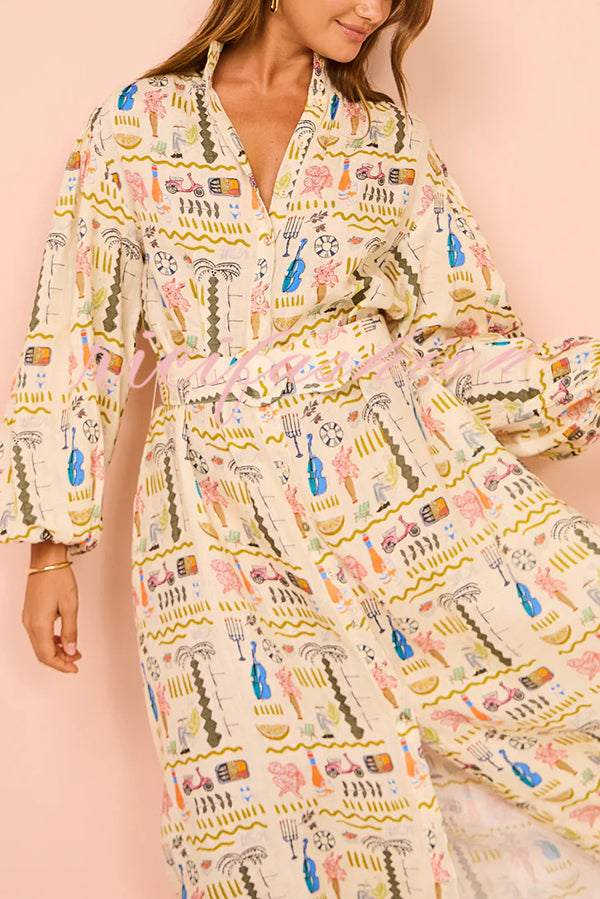 Country Cutie Unique Print Long Sleeve Belted Pocket Shirt Maxi Dress