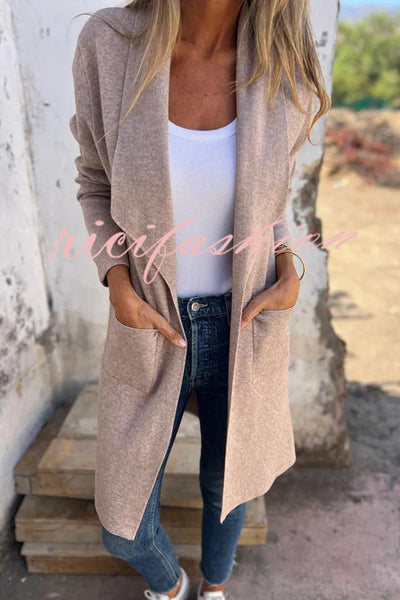 Warmth on Stylish Lapel Mid-length Pocket Knit Cardigan Coat