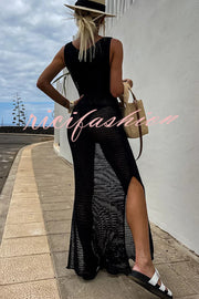 Solid Color Knitted Cutout Slit Slim Fit Maxi Dress