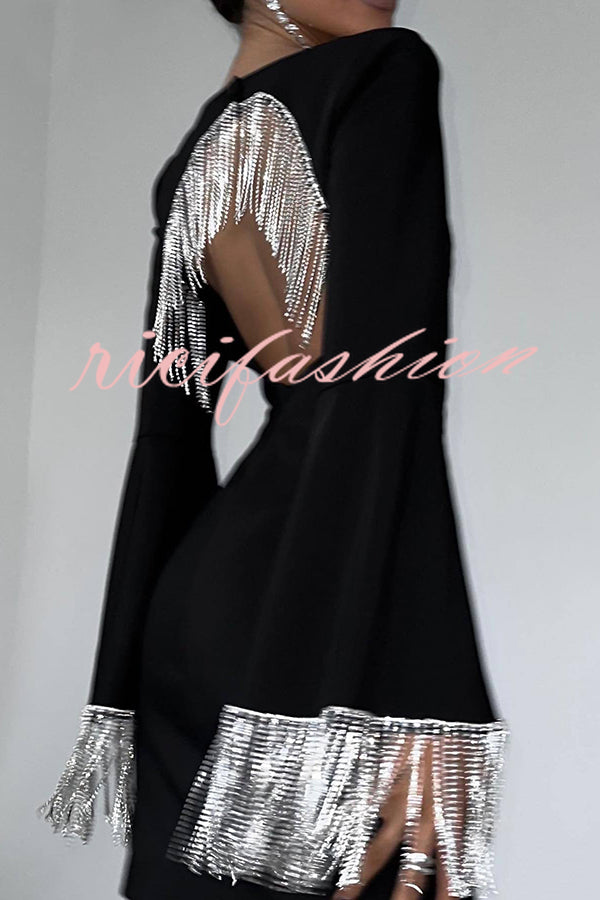 Fashionable Fringed Square Neck Bell Sleeves Hollow Back Mini Dress