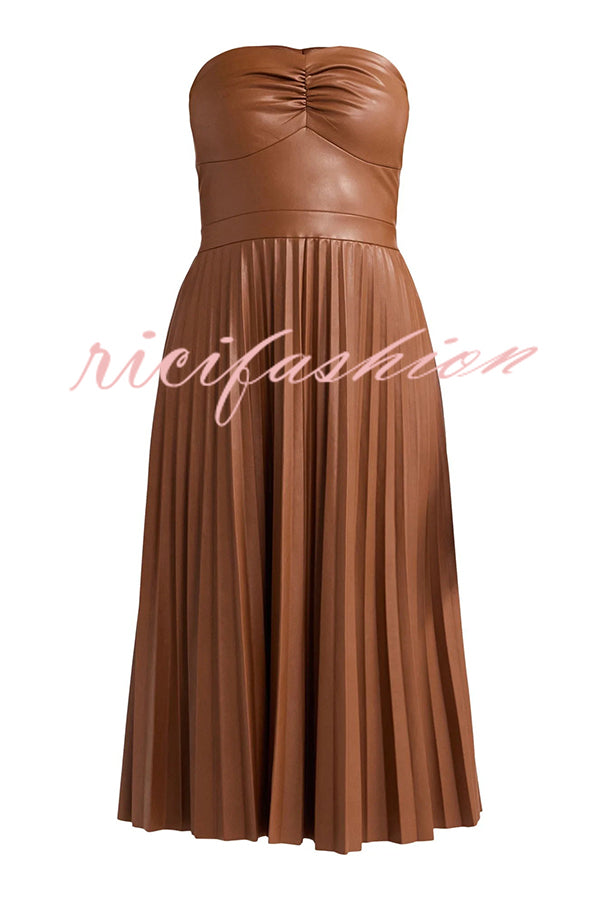 My Juliet Faux Leather Off Shoulder Strapless Pleated Stretch Midi Dress