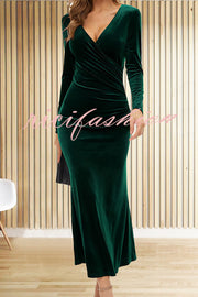 Solid Color Velvet Long Sleeve V-neck Slim Fit Fishtail Maxi Dress