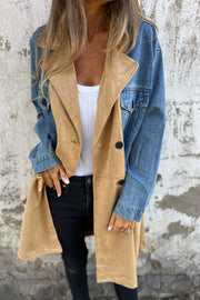 Fashion Lapel Long Sleeve Pocket Mid-length Denim Patchwork Jacket