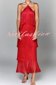 Sexy Halterneck Backless Elegant Fringe Maxi Dress