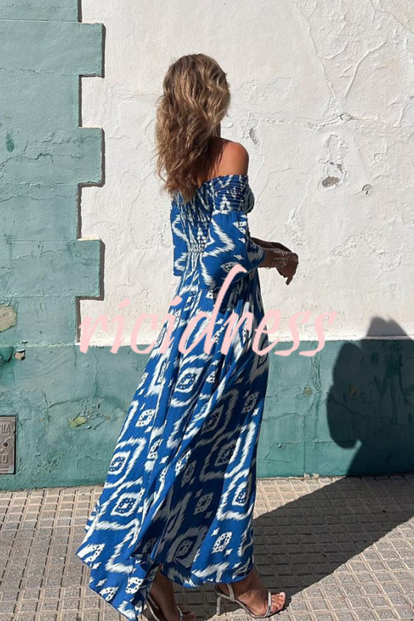 Close To The Vacation Ethnic Print Smocked Off Shoulder Pocketed Maxi Dress