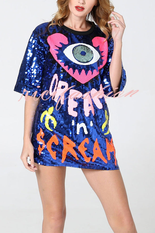 Love Eyes Letters Sequined Round Neck Short Sleeve Mid-Length Loose T-Shirt