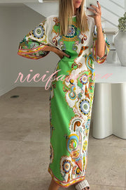 Southern Italy Satin Unique Print Bell Sleeve Loose Slit Midi Dress