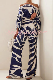 Coco Satin Unique Print Off Shoulder Dolman Sleeve Top and Loose Wide Leg Pants Set