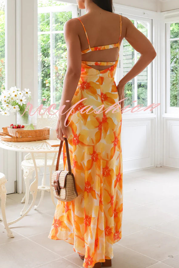 Debbie Floral Print Gathered Open Back Strappy Maxi Dress