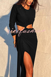 Solid Color Round Neck Long Sleeve Sexy Exposed Waist Slit Maxi Dress