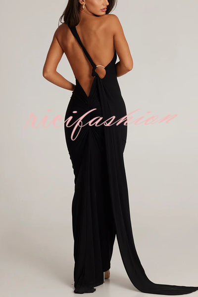 Sexy Backless Pleated Slim Solid Color Sleeveless Elegant Maxi Dress