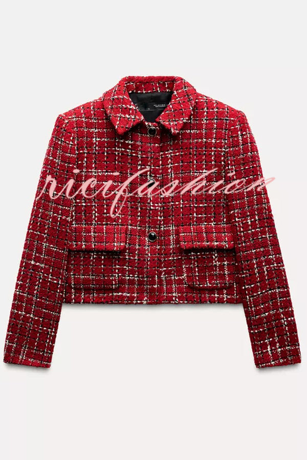 Tweed Plaid Textured Long-sleeved Casual Pocket Jacket