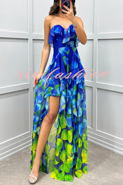 Loving Moment Gradient Unique Print Flowing Layered Ruffles Strapless Slit Maxi Dress