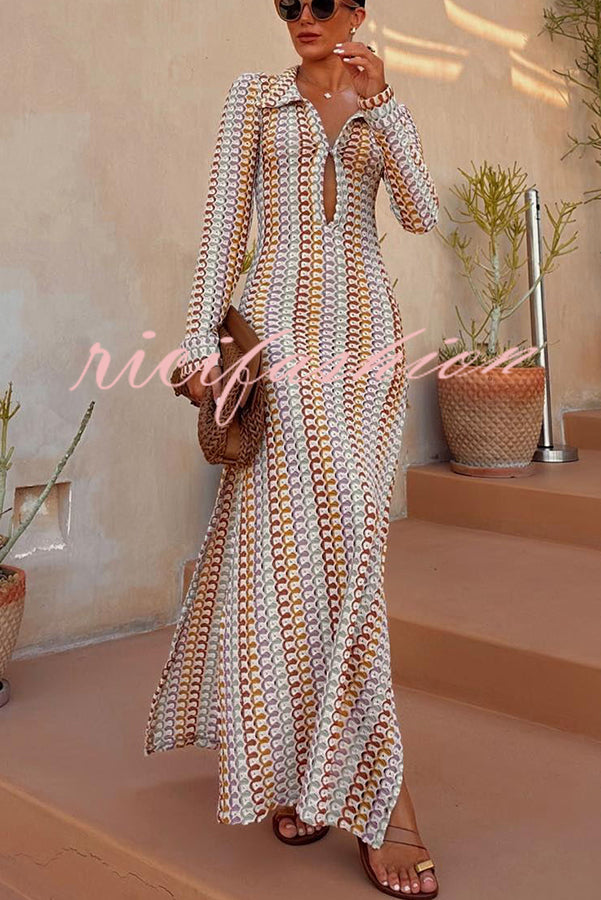 Bondi Beach Knit Colorful Wave Print Long Sleeve Vacation Maxi Dress