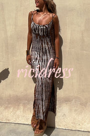 An Inspiration Tie-dye Print Double Shoulder Strap Stretch Maxi Dress