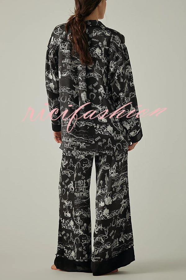 Unique Printed Lounge Long-sleeved Shirt and Elastic Waisted Baggy Pants Set