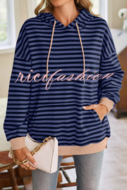 Striped Print Long Sleeve Pocket Loose Hoodie