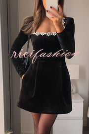 Endless Celebration Velvet Jewel Embellished Trim Long Sleeve Pocketed Mini Dress