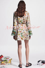 Mila Linen Blend Unique Print Shaped Collar Tie-up Waist Shirt Mini Dress